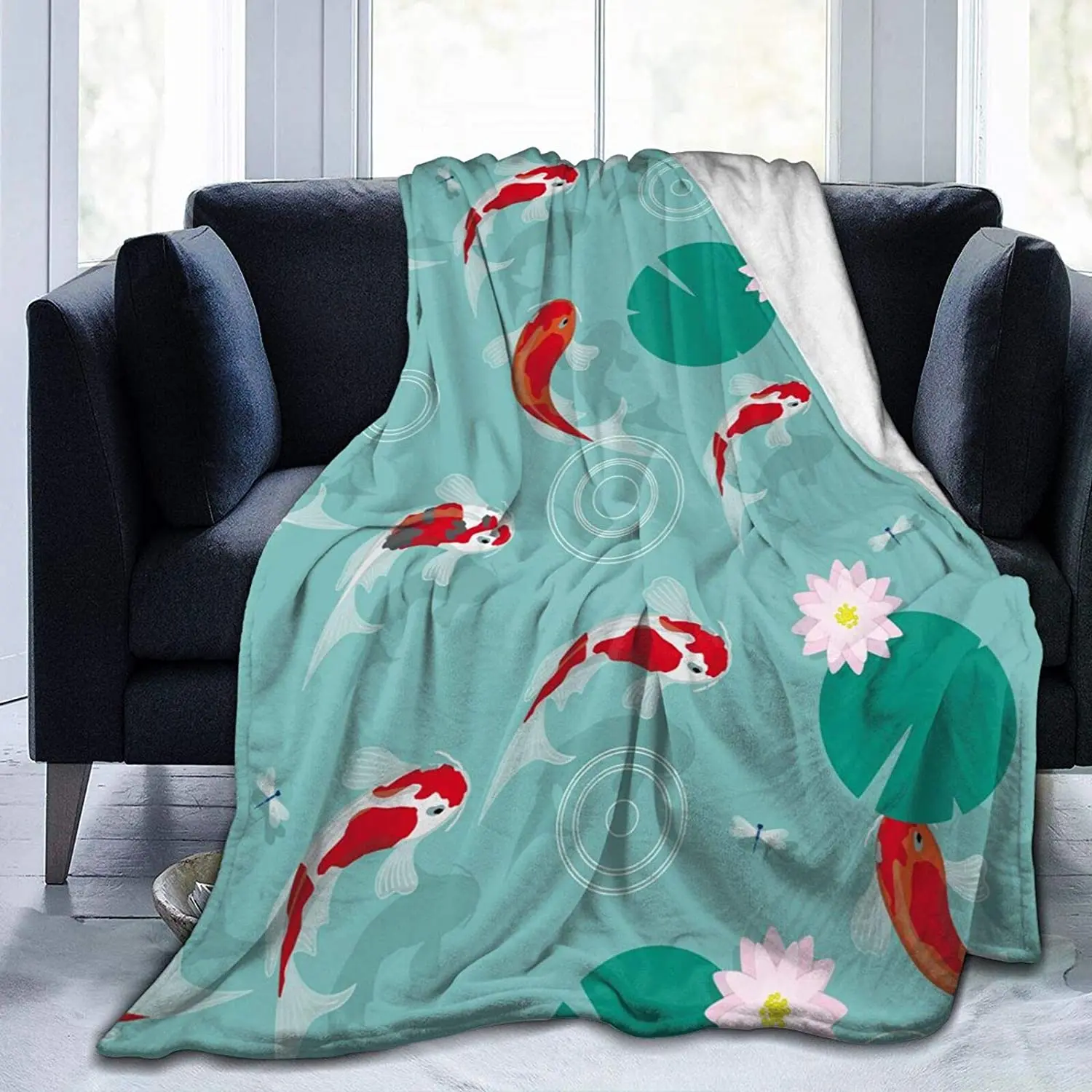 

Flannel Twin Size Blanket Koi Fish in Lotus Leaves Plush Warm Bed Blanket Soft Throw Blanket fits Couch Sofa