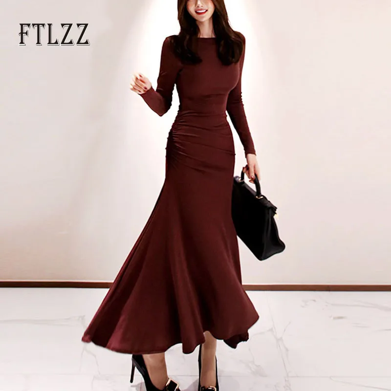 Осенне зимнее женское Платье макси с воротником лодочкой винтажное вечернее