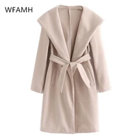 2021 new womens straight loose temperament lace up hooded suit collar overcoat jacket polyester full long pockets regular