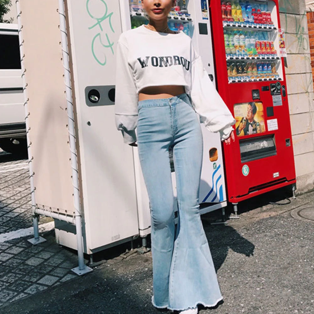 

Fashion Flare Jeans Denim Wide Leg Pants Jeans Woman High Waist Zipper Fly Pockets 3XL Plus Size Streetwear