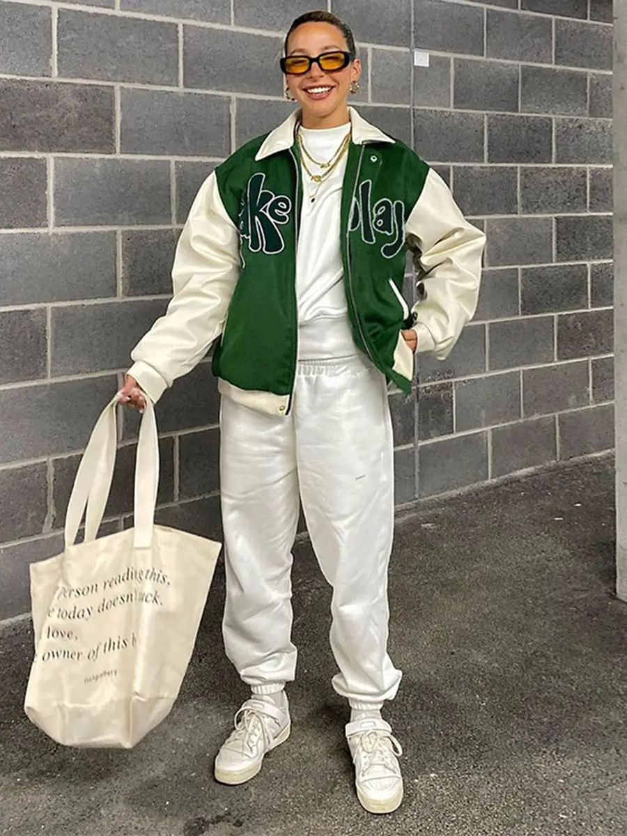 Women's Coats 2021 FreeShippinWinter Oversized Leather Sela American College Varsity Jacket Khaki Green Bomber 531100 | Женская