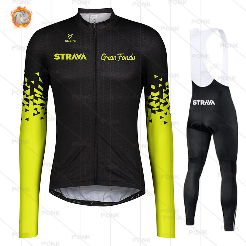 

2021 STRAVA Pro Team Cycling Jersey Set Winter Thermal Fleece Long Sleeve MTB Ciclismo Ropa Men Cycling Clothing Road Bike Shirt
