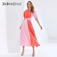 twotwinstyle patchwork hit color asymmetrical summer dress for female puff sleeve high waist hollow out dresses women 2021 new