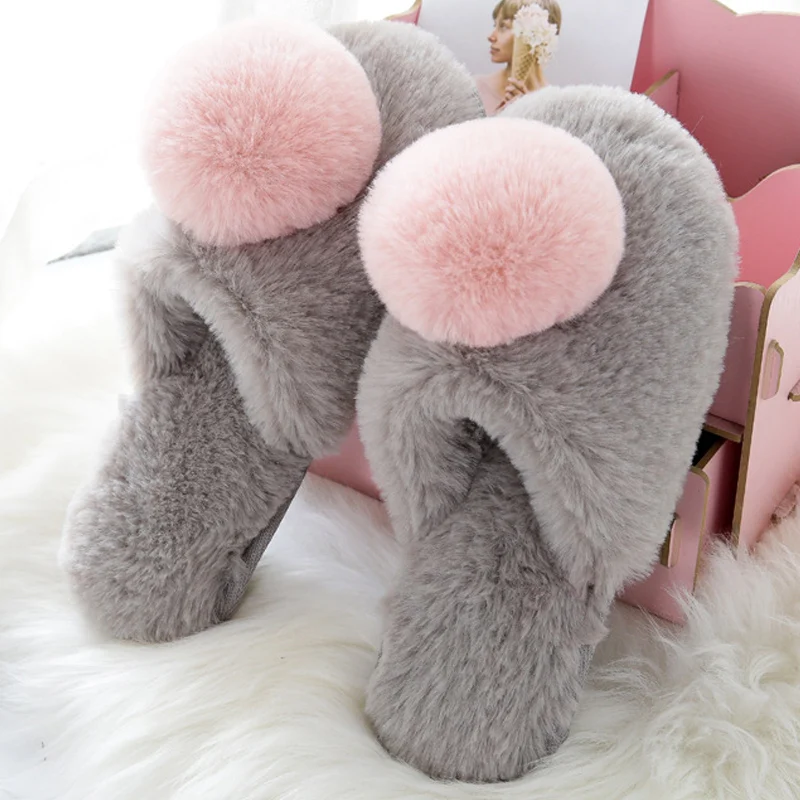 

Slippers Ladies for Home Big pom pom Lovely Slippers Shoes Platform Warm Winter Slippers Plush Lovely Soft Women's Slipper