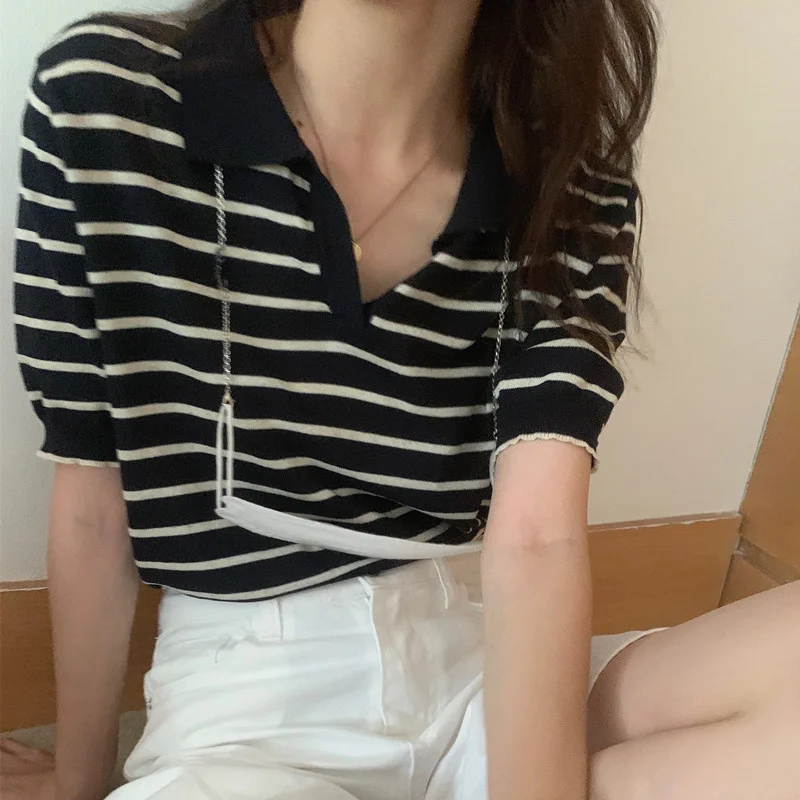 

striped v-neck women shirt
