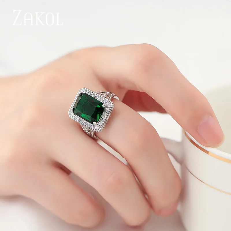 ZAKOL роскошные женские обручальные кольца с большим зеленым квадратным цирконием и кристаллами Bague Bijoux Femme аксессуары, обручальные кольца FSRP2029