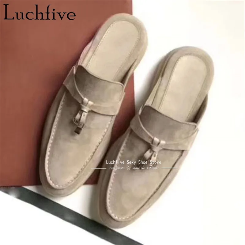 Женские замшевые шлепанцы телесного цвета круглый носок низкий каблук мюли