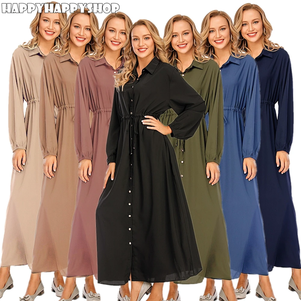 Мусульманские женщины абайя исламский макси с длинным рукавом рубашки платье