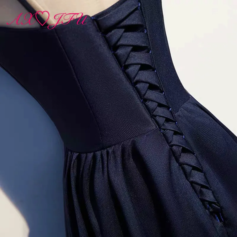 

AXJFU princess navy blue satin evening dress vintage spaghetti strap bride party big bow a line lace up evening dress