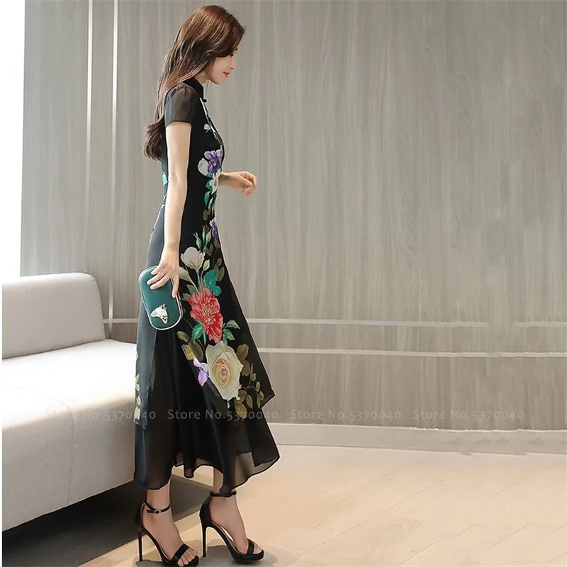 Женское свадебное платье в китайском стиле длинное Ципао с коротким рукавом и