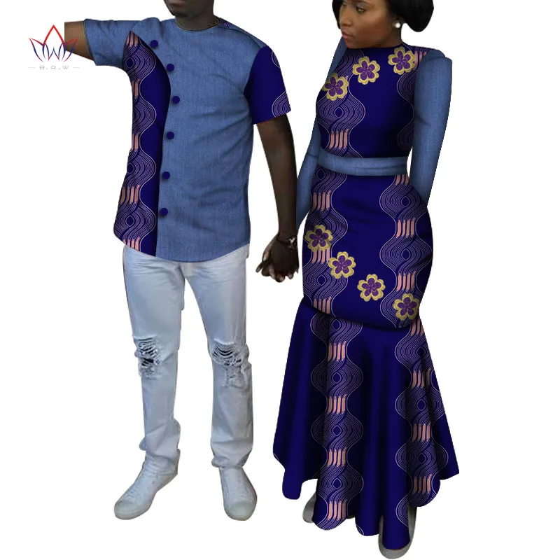 African Ankara Print Clothes for Couple Dashiki Elegant Lady Party Dresses and Men Shirts Cotton African Clothing WYQ491