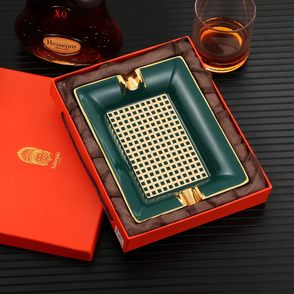 

LUBINSKI Large Ceramic Cigar Ashtray Holder 2CT Slot Green Yellow Square Ash Tray Home Indoor Outdoor Using Cigar Tool