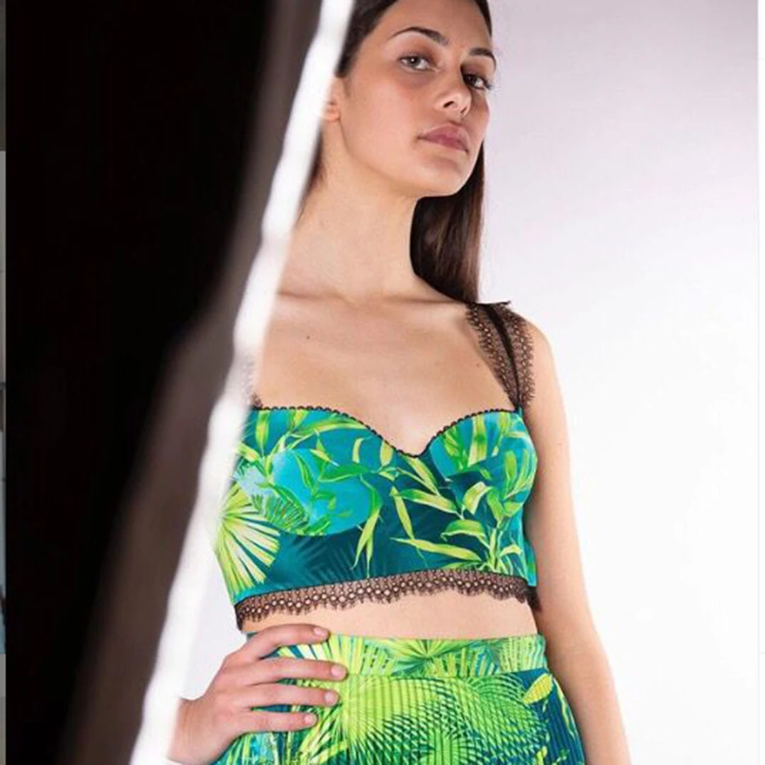 2020 новая коллекция топ с принтом зеленого листа футболки модные кружевные