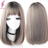 yiyaobess 16inch straight black brown linen grey ombre wig with bangs synthetic hair natural wigs for women high temperature