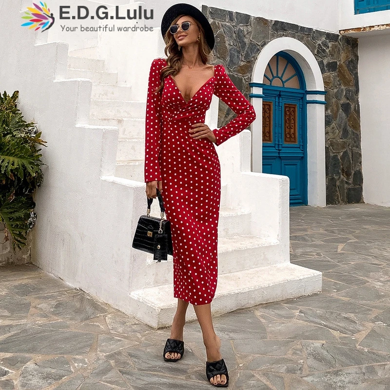 

EDGLuLu Deep V-neck Long Sleeve White Polka Dot Women Dresses Summer 2021 Casual Elegant Ladies Black RedLong Dress Vestido 0522