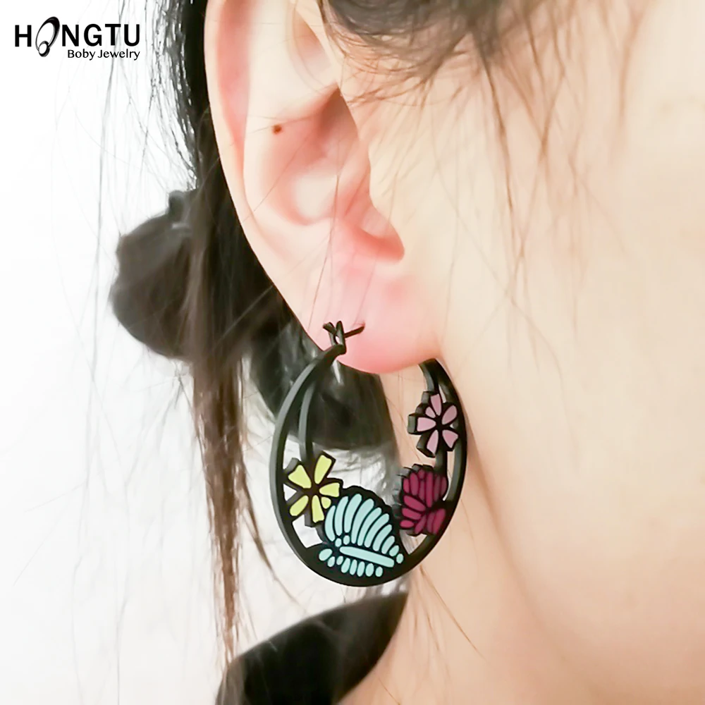 HONGTU, 1 пара, Pendientes Mujer, серьги-кольца, нержавеющая сталь, черный цвет, кошка/Череп/цветок/паук, женские серьги, ювелирные изделия