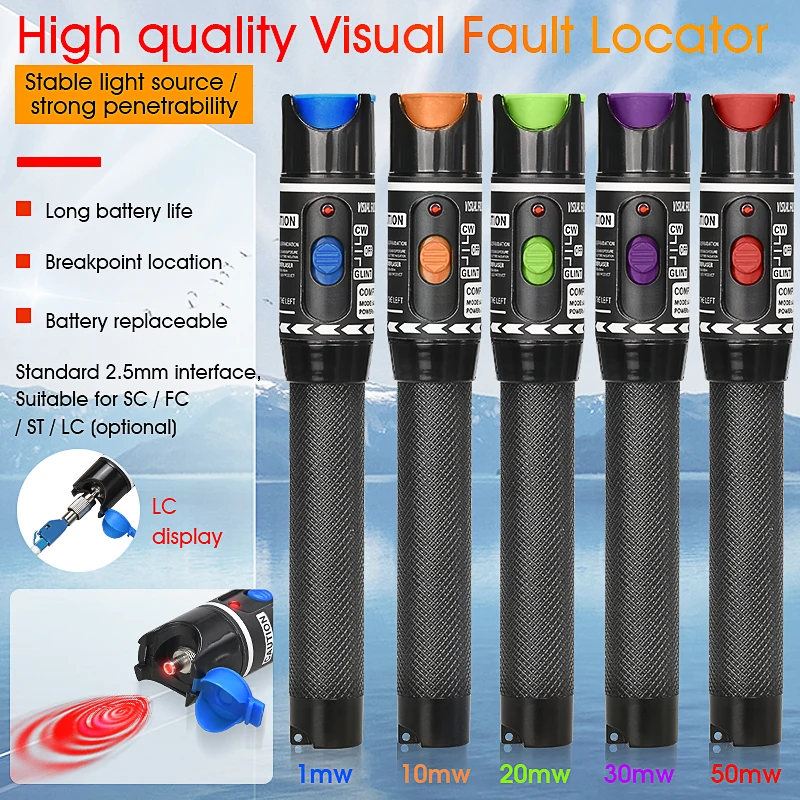 

Range VFL Tools Type Red Light Source 50MW/30MW/10MW Visual Fault Locator Fiber Optic Cable Tester 10km 30Km 50KM FTTH