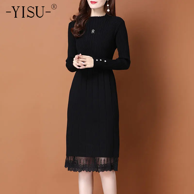 

YISU 2021 Thin section Women Spring Sweater Dress Solid color Half turtleneck Female Casual Stripe Knitted Pullover Dress
