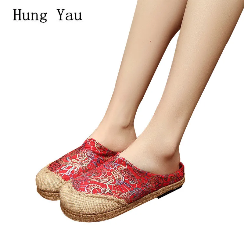 

Женские парусиновые туфли, шлепанцы, бронзирующие, в национальном стиле, конопляные, с круглым носком, на плоской платформе, модные креативн...