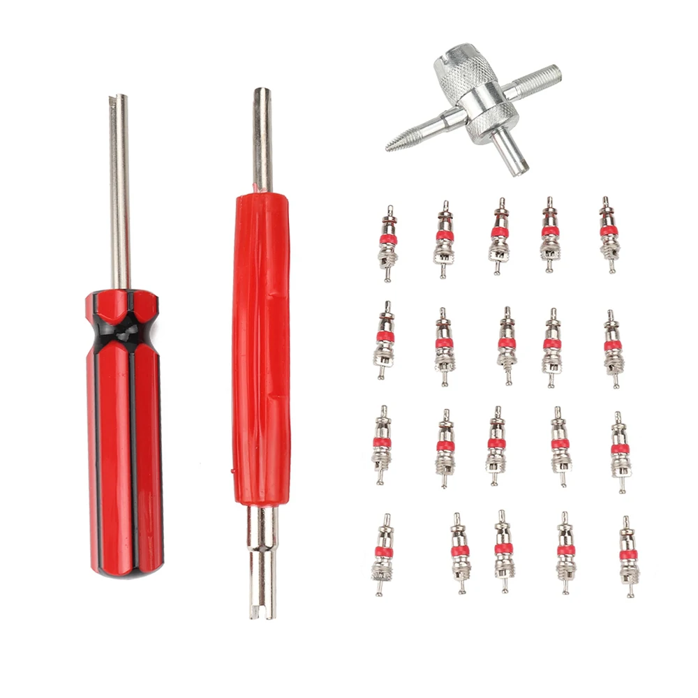 

Tire Valve Repair Tool Set with 20 Pcs Valve Cores 4-Way Valve Tool Dual Single Head Valve Core Remover Tools