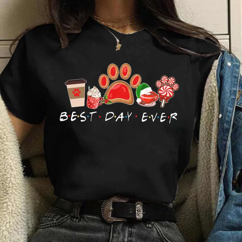 

Women's Festival T Shirt Cute Paws Print Top Merry Christmas Holiday Cartoon Shirt Female Graphic Tee Tshirt New Year T-shirt