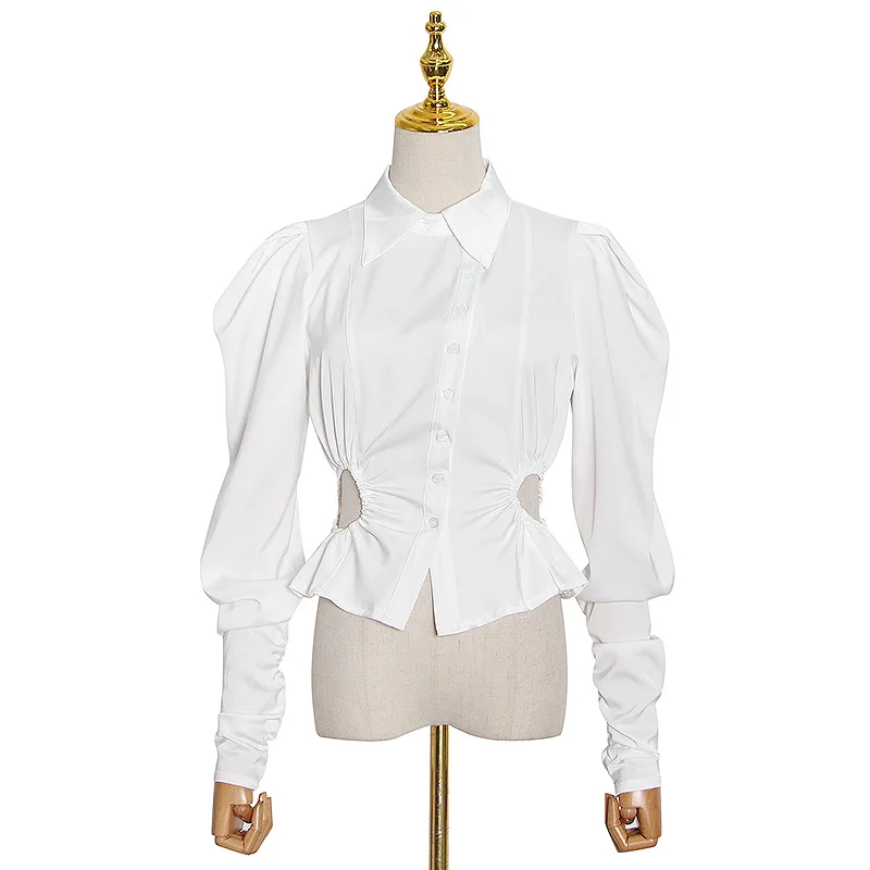 

New fashion retro lapel bubble sleeve breasted design sexy open waist small group solid color shirt women