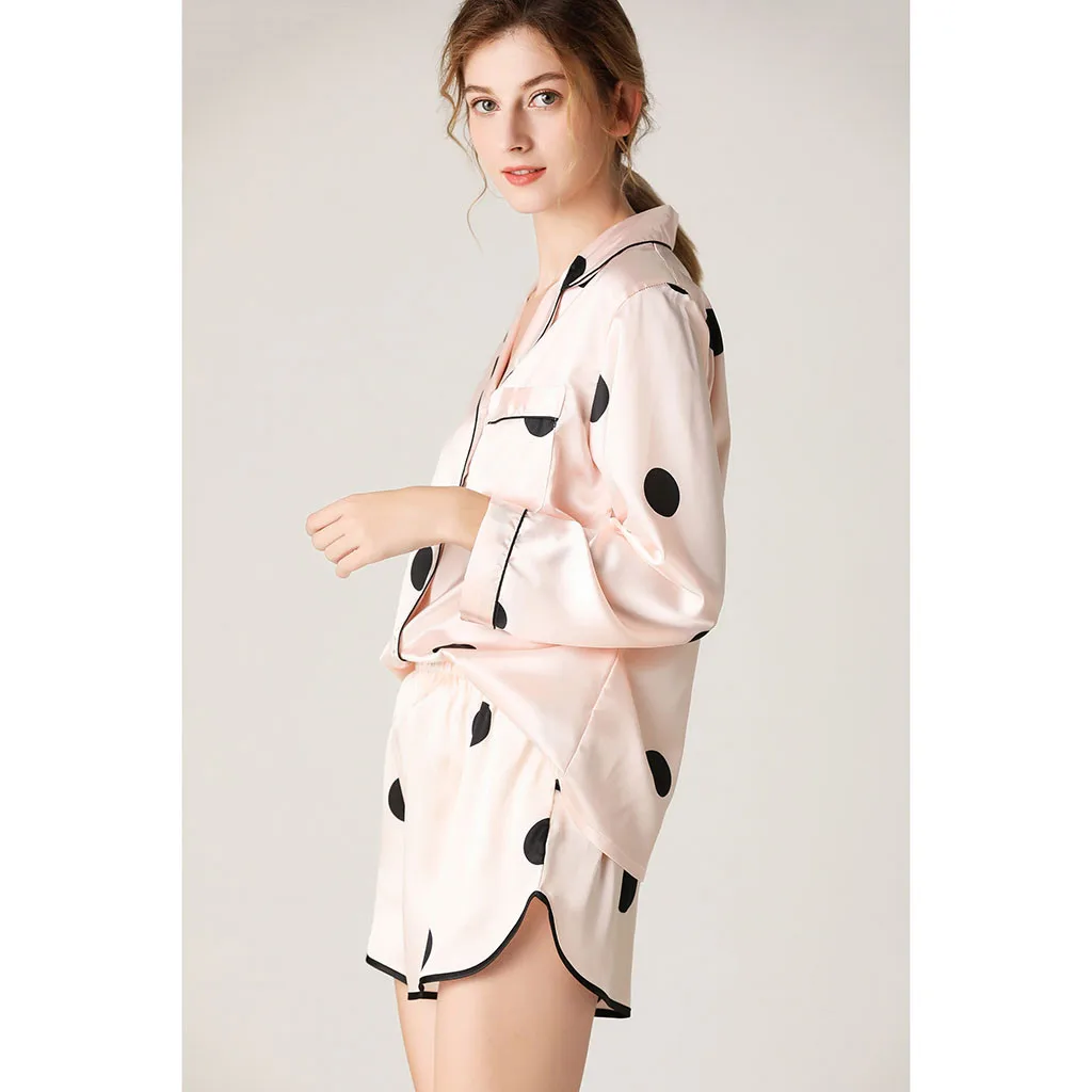 

Womens Simulation Print Button Long Sleeve PocketSleepwear Short Nightwear Sets