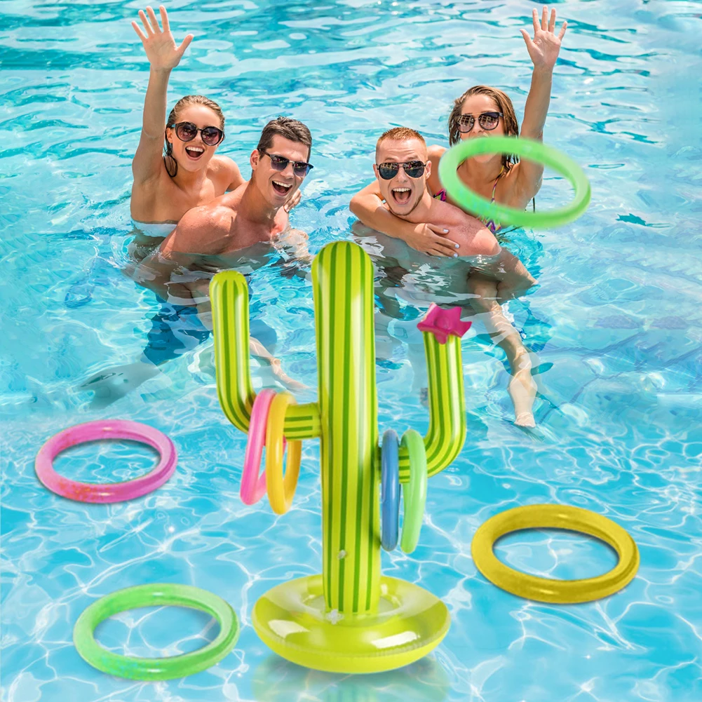 C&iacute;rculo de Cactus inflable para ni&ntilde;os, juguete con 4 anillos, piscina, fiesta familiar, accesorios de piscina al aire libre, Playa-0