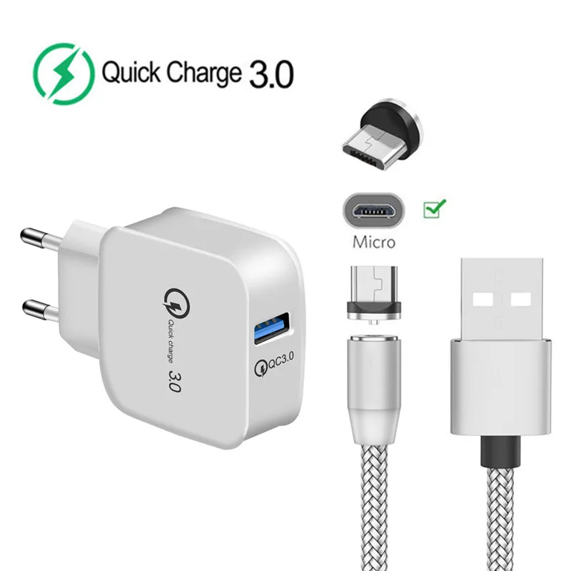 EU charger and cable Для samsung A10 A5 A7 J3 J4 huawei Y5 Y7 8X Honor 9 lite 7A мобильный телефон QC 3,0 быстрое зарядное устройство+ Магнитный Micro USB кабель - Тип штекера: EU charger and cable