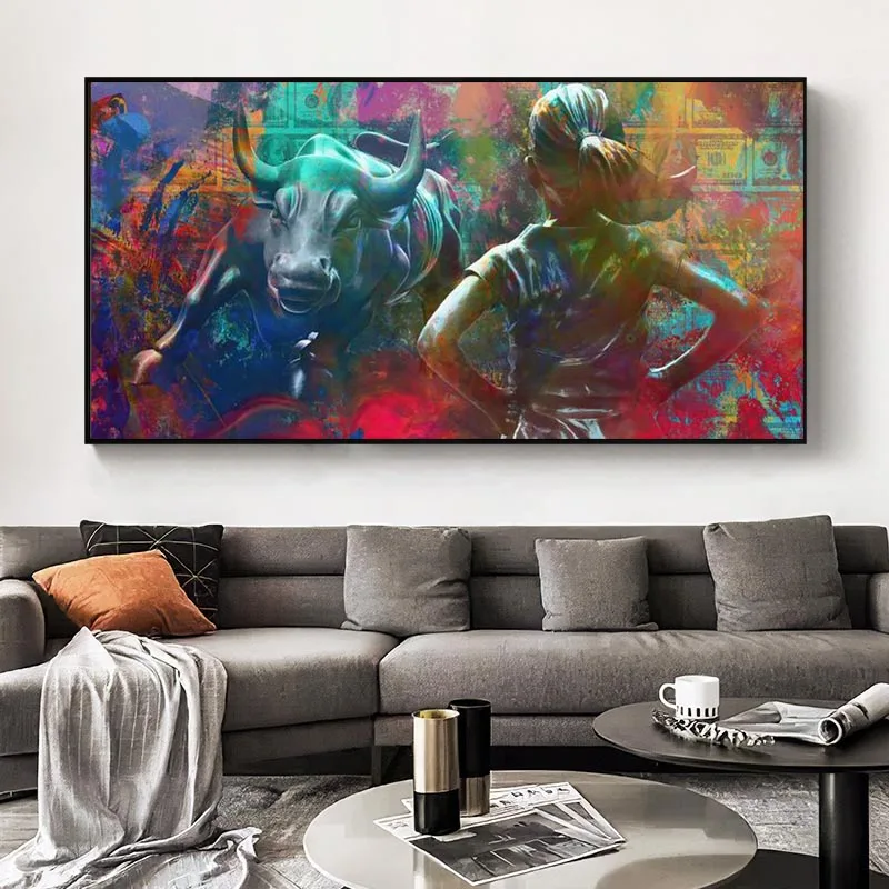 

Абстрактная девушка бык фотосессия современное искусство стены 100 доллар деньги художественные печатные плакаты и картины для офиса домаш...