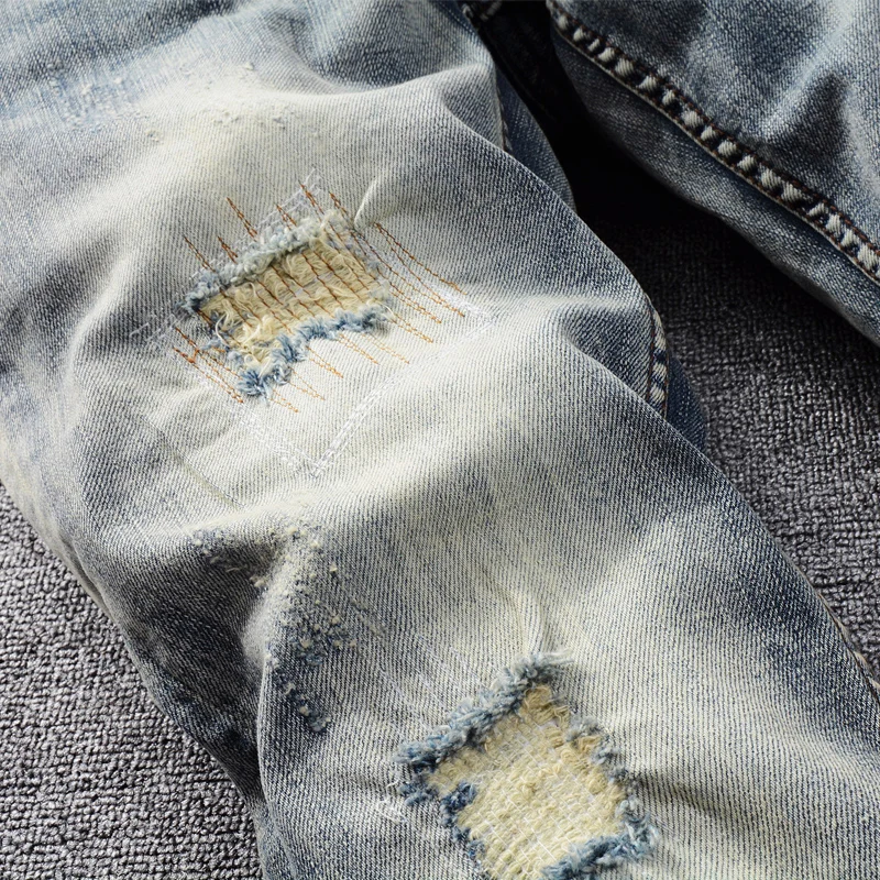 European Vintage Fashion Men Jeans Retro Blue Elastic Slim Fit Ripped Jeans Men Streetwear Designer Destroyed Denim Punk Pants