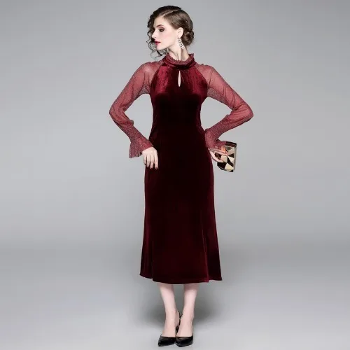 2020 винтажное элегантное платье с длинным рукавом в стиле пэчворк из сетчатого