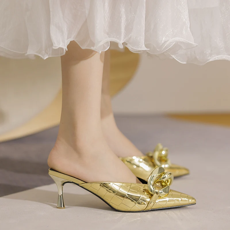 Туфли женские на высоком каблуке роскошные брендовые шлепанцы блестящие