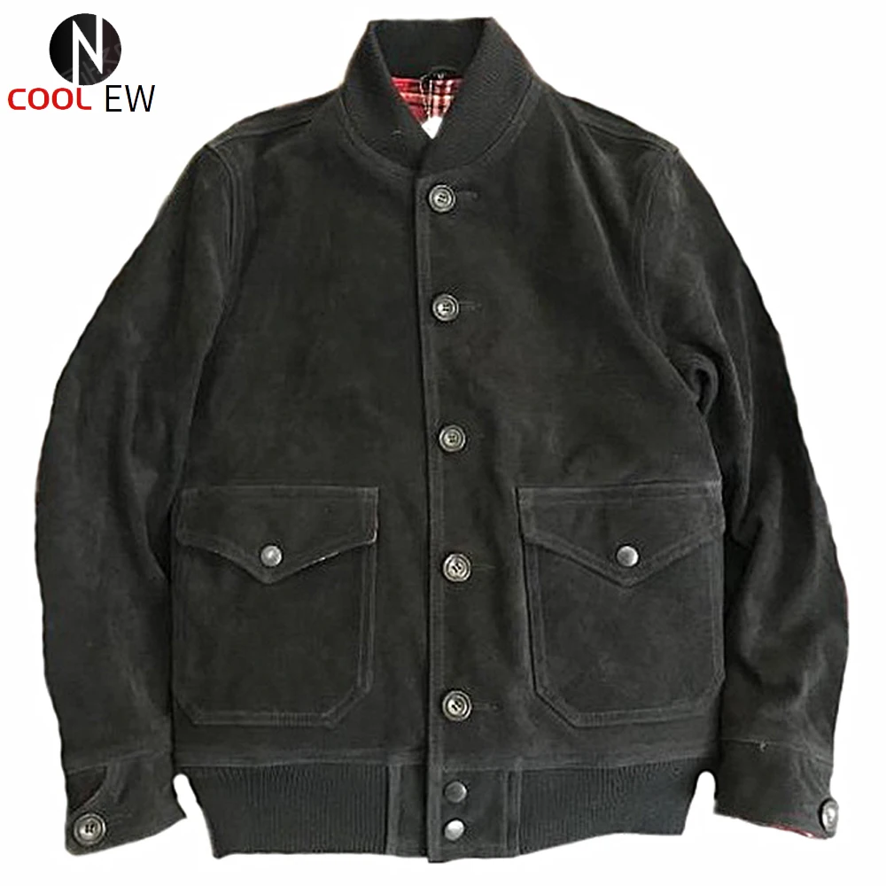 

Куртка мужская замшевая в клетку, Брендовая верхняя одежда из воловьей кожи, приталенный силуэт, пальто ВВС, цвет хаки, черный, Осень-зима, 5XL