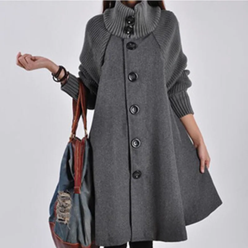 

2021 Woolen Coat Winter Cloak Knit Long-sleeved High O-neck Trench Coat Female Spring Autumn Women's Single-breasted Windbreaker