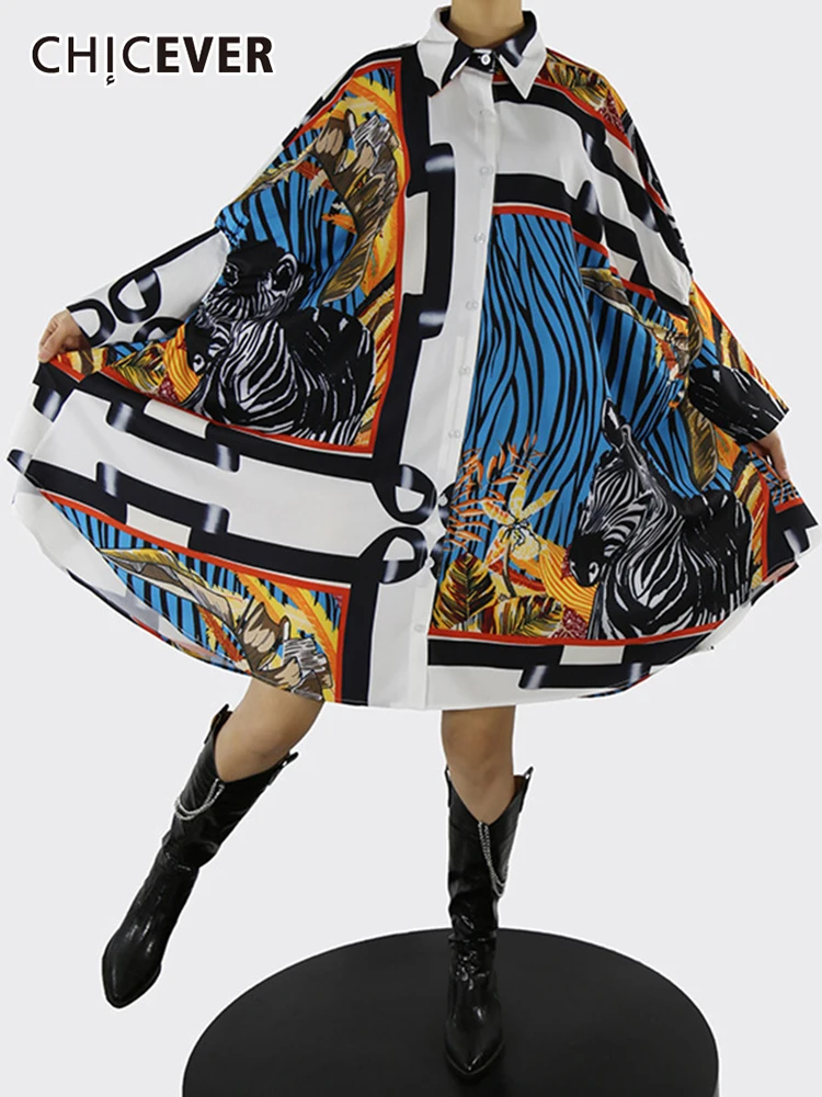 

CHICEVER Fashion Casual Loose Print Vintage Dress Female Lapel Long Sleeve Temperament Dresses For Women Autumn Style 2021 New
