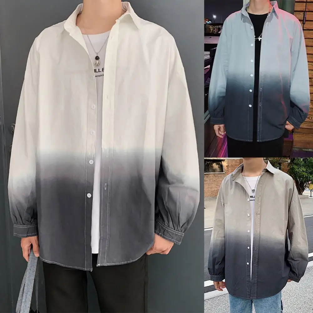 

2021 Shirt Men Streetwear Vintage Fashion Color Gradient Long Sleeves Comfortable Turn-down Collar Men Casual Top Shirt Coat