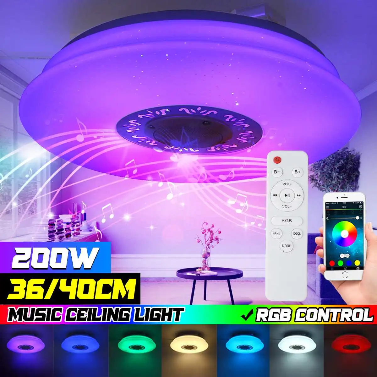 

200W 40cm 256 RGB Dimmable Music Ceiling Light APP bluetooth Music Light Home Bedroom Smart LED Ceiling Lamp With Remote Control