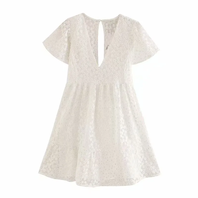 

Women 2021 Spring Summer New Fresh Short Dresses Ladies V Neck Fashion Temperament Wild Flower Embroidery One-Piece Dress