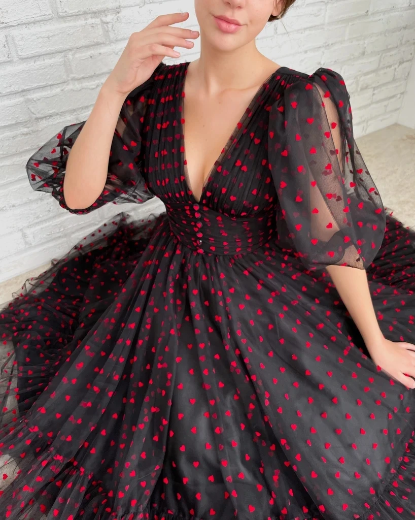 Черные марокканские Выпускные платья а-силуэта с рукавом до локтя тюлевые