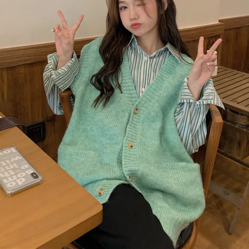 Зеленый вязаный кардиган верхнее пальто Женский Осенний складной жилет без