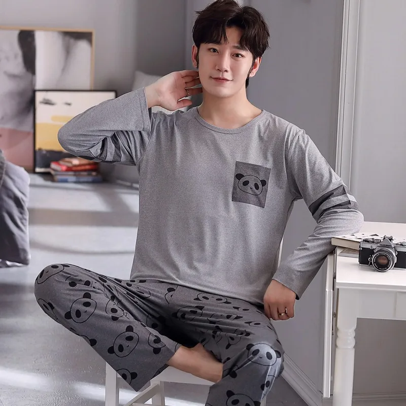 

2020 Autumn Long Sleeve Cute Cartoon Pajama Set for Men Casual Plaid Pants Thin Sleepwear Suit Pyjama Male Homewear Home Clothes