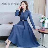 2021 autumn new arrival m 3xl turn down collar long sleeve solid color women cotton and linen long dress