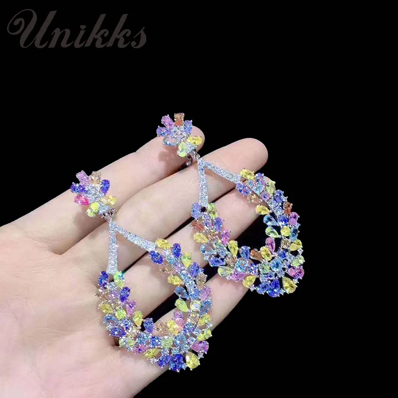 

Luxury earrings female drop-shaped 925 sterling silver inlaid with colored gemstones full diamond net red ins wind super flashin