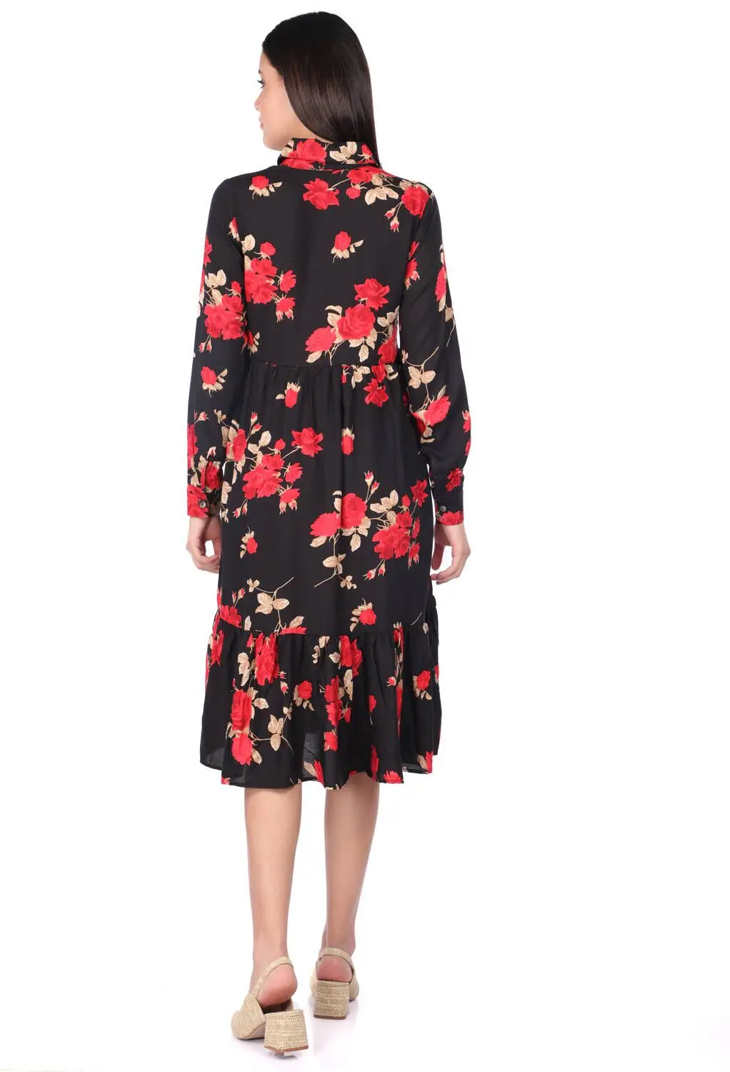 

Womens Black Rose Patterned Gathered Dress