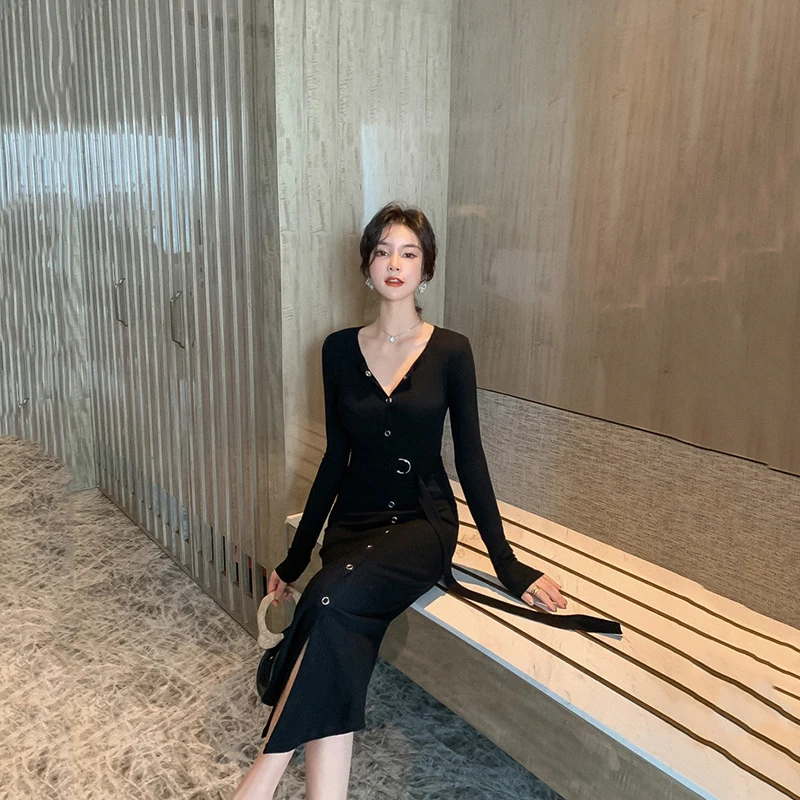 2019 корейское стильное длинное платье с разрезом женские облегающие платья