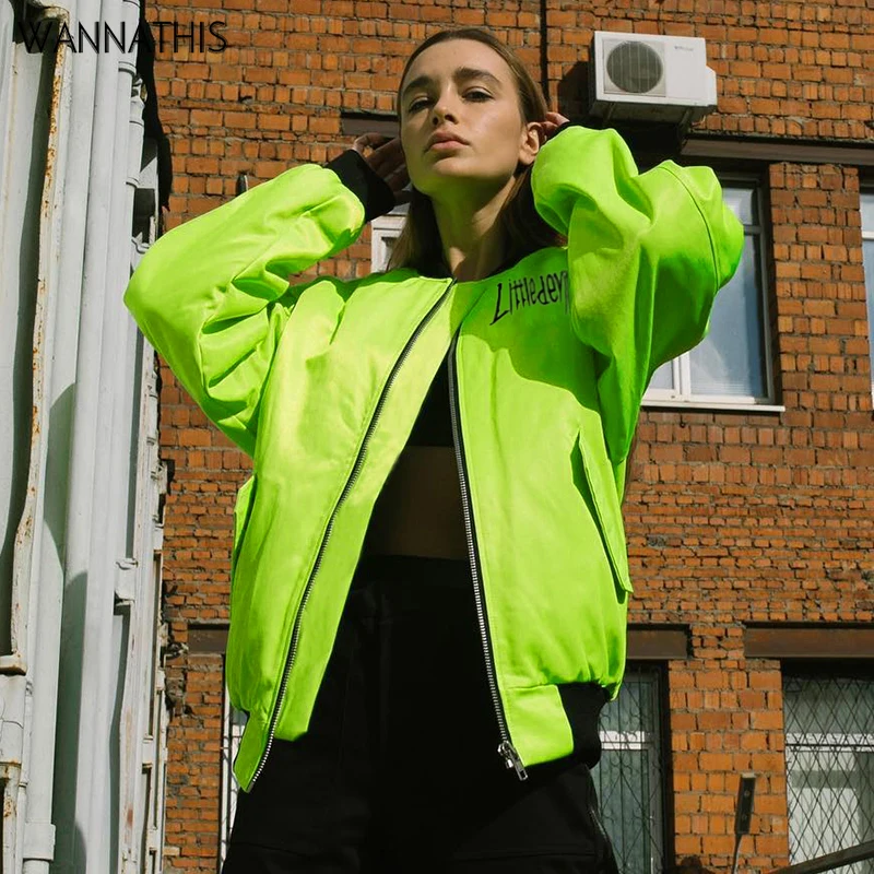 Женская Повседневная куртка WannaThis неоново зеленая уличная на молнии с длинным
