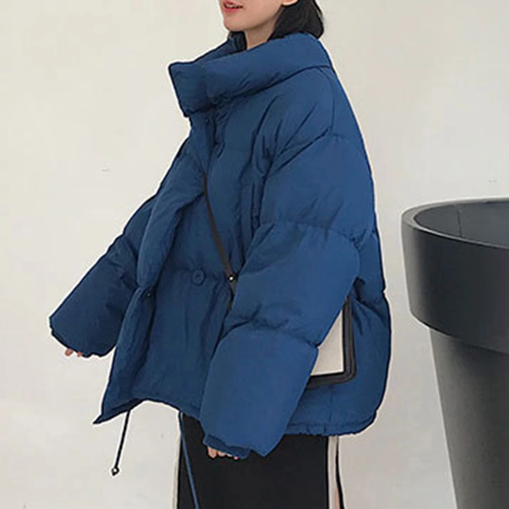 PUIMENTIUA Winter Warm Jacket Women Stand Collar Solid Black White Female Down Coat Loose Womens Plus Size Short Parka New
