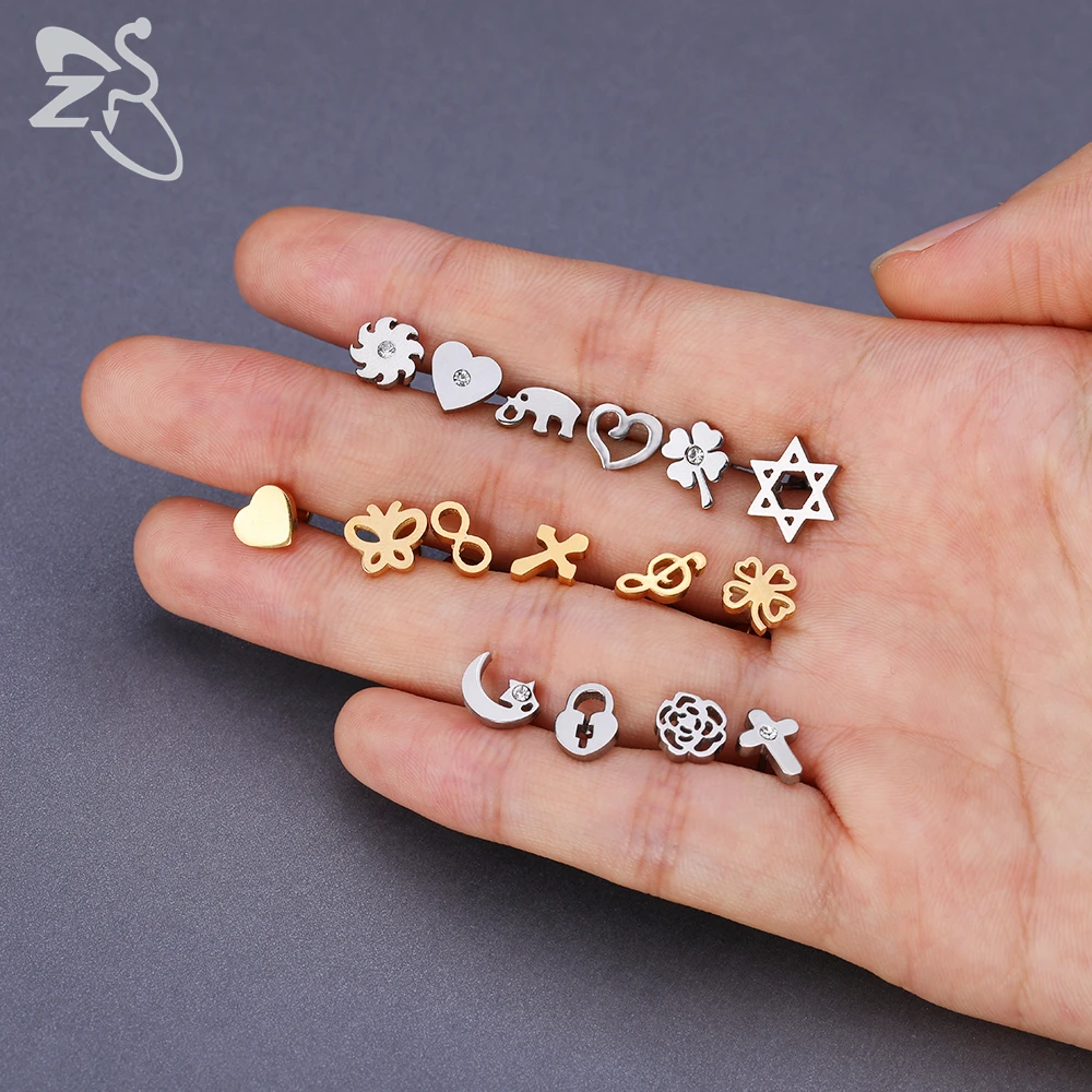 ZS 1 Pair 20g Stainless Steel Moon Star Earring Baby Children Cross Stud Earrings Crystal Gold Color Ear Helix Conch Piercings images - 6