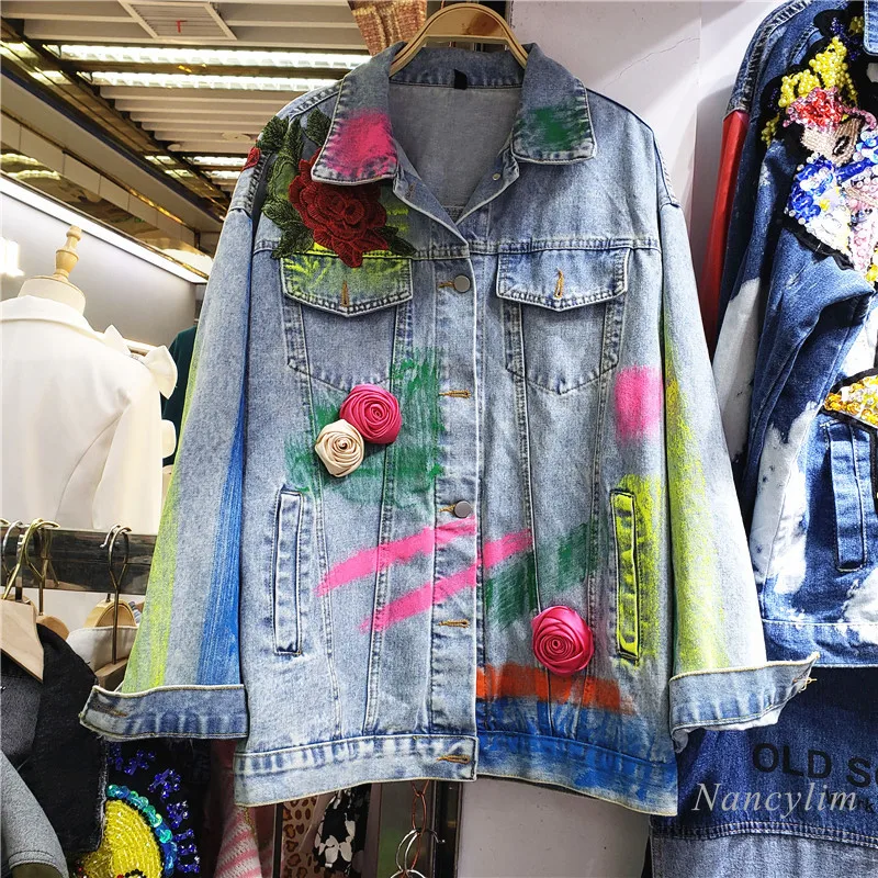 Fashion Brand Denim Jacket Woman Color Graffiti Sequins Three-Dimensional Rose Embroidery Lace Long Sleeve Coat High Street